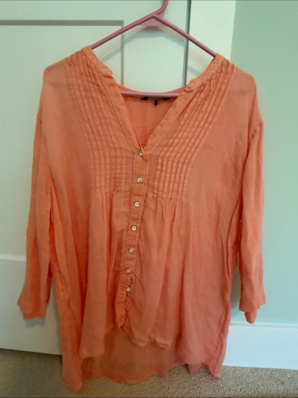 3 Tommy Bahama Linen Button Down Blouses with Ruffle Detail Aqua Coral and Tan - Picture 5 of 15